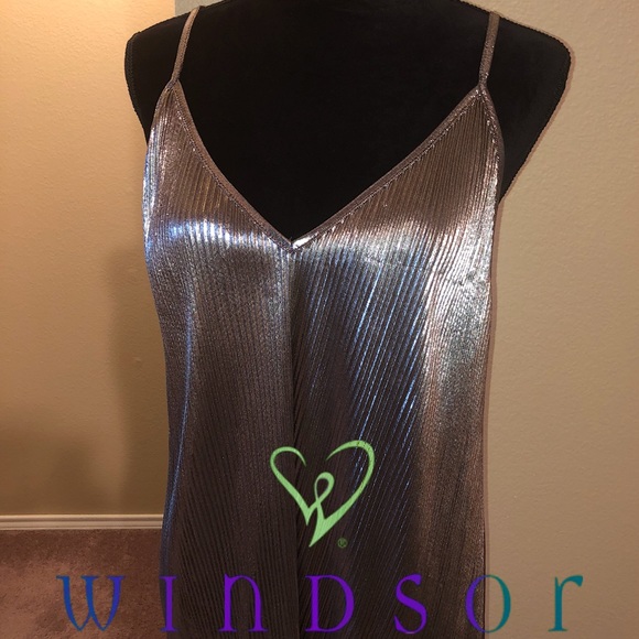 Windsor Metallic Silver Pleated Shift Dress Sz M - Picture 5 of 8